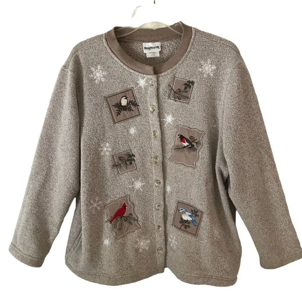 Vintage Y2K Bon Worth birds of winter Christmas button up grannycore cardigan PL Tan Size L - Image 3