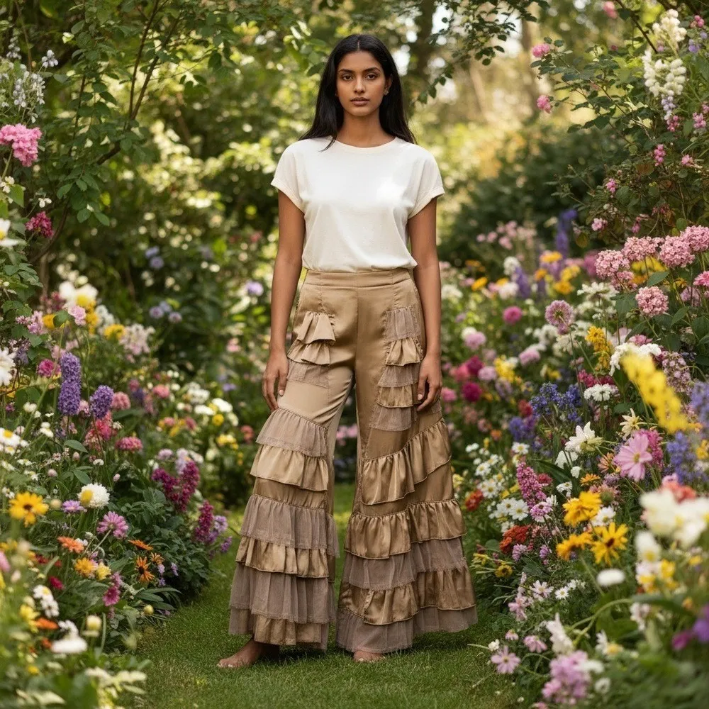NWT Way Luxe Boho Bloomer Satin Wide Leg Pants Frilly Ruffles Tulle Champagne S Tan - Image 2