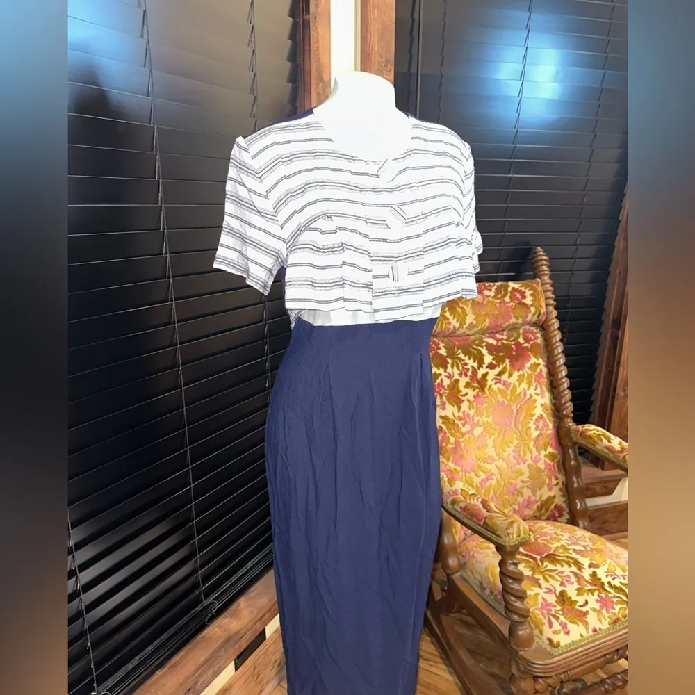 Vintage Brioche Navy and White Striped Pencil Skirt Dress Blue Size 12 - Image 2