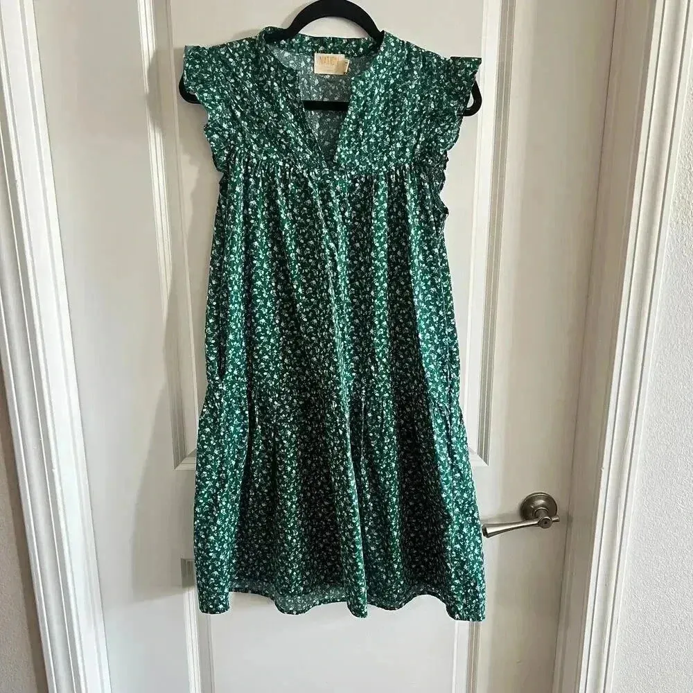 Nation LTD Green Floral Ruffle Sleeve Tiered Mini Dress Size XS - Image 6