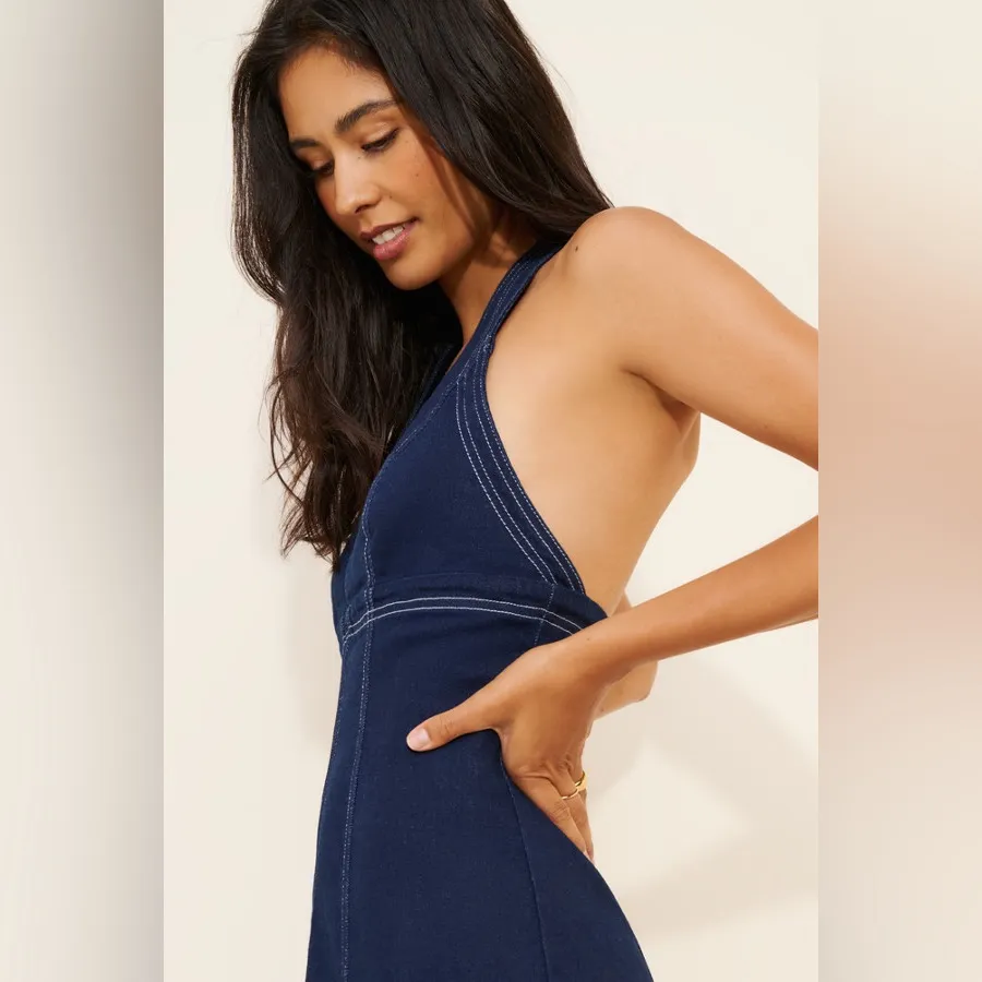 NEW Pilcro Anthro Denim Halter V-neck Open-Back Mini Dress women’s size Xl - Image 2