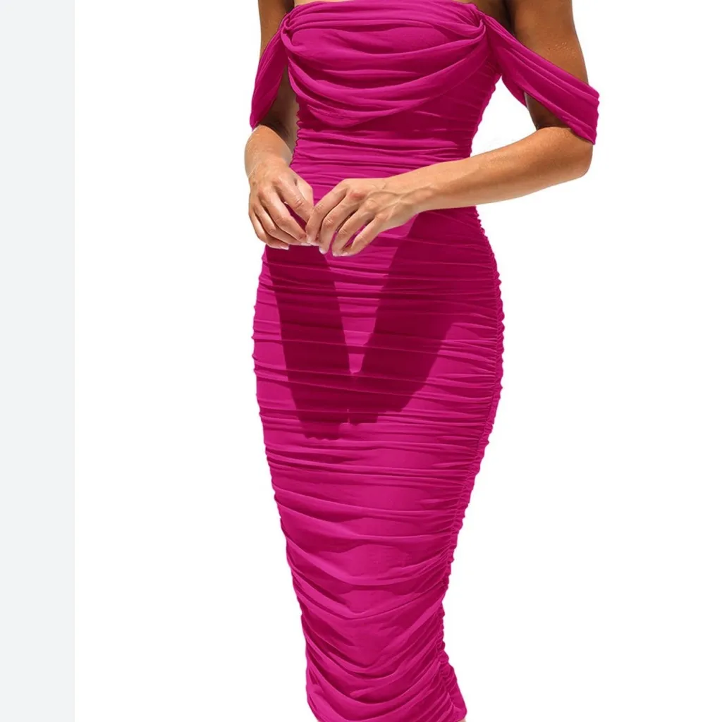 Women's Off The Shoulder Dresses Ruched Fitted Midi Bodycon Dress size large Pink - Image 13