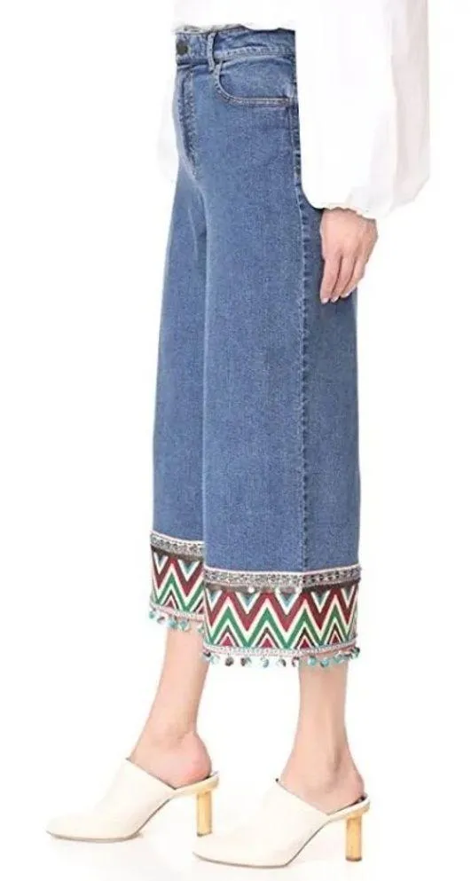 Alice + Olivia Beta Pom Pom High Waist Wide Leg Cropped Jeans Size 28 - Image 8