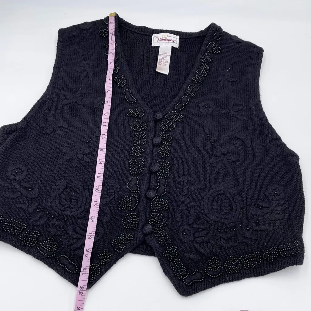 Vintage 90s Worthington Black Floral Embroidered Embellished Beaded Sweater Vest - Image 8