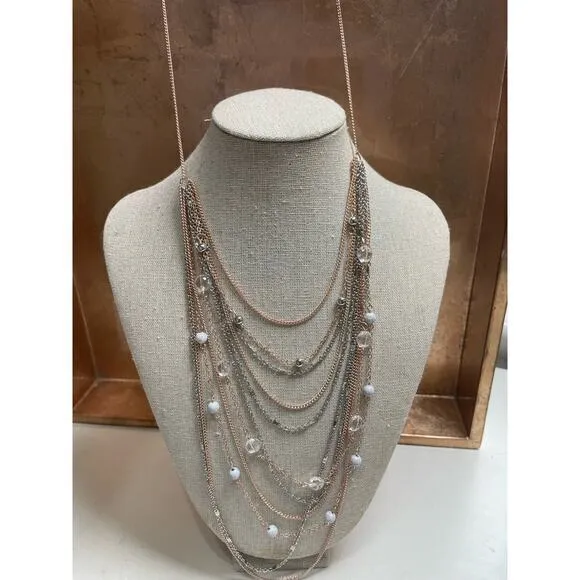 NWT Layered Necklace Rose Gold & Silver Chain with Enamel‎ & Crystal Beads 21.5" - Image 6
