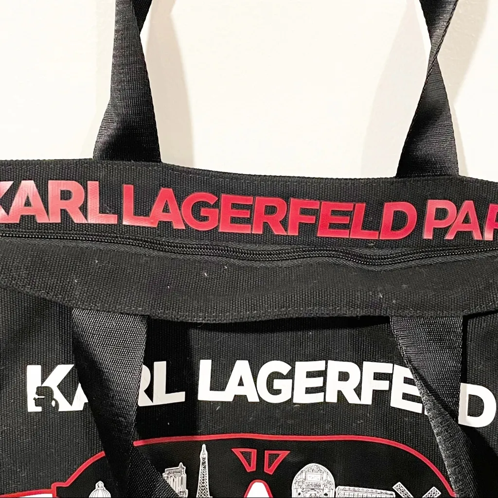 Karl Lagerfield Paris Sunglasses Large Black Tote Love Canvas Zip Top‎ Bag - Image 3