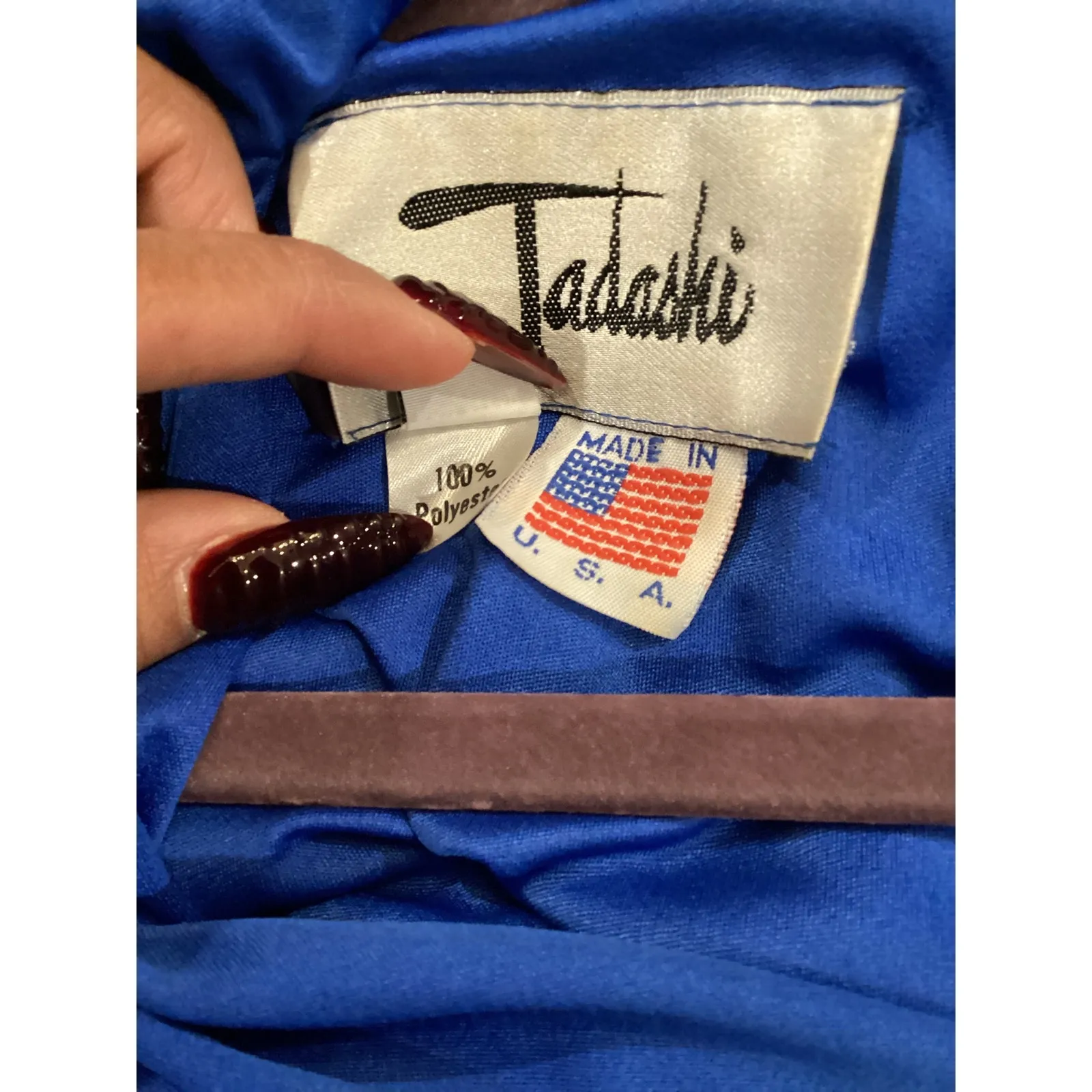 Vintage Tadashi draped long sleeve ruched midi dress with brooch 12 royal blue - Image 13