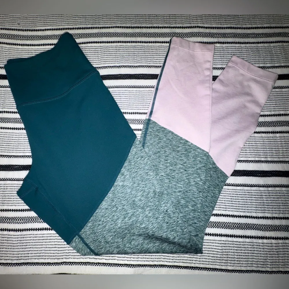 Colorblock High Waisted Yoga Leggings‎ Teal Pink Gray Athleisure Workout Pants Blue Size M - Image 2