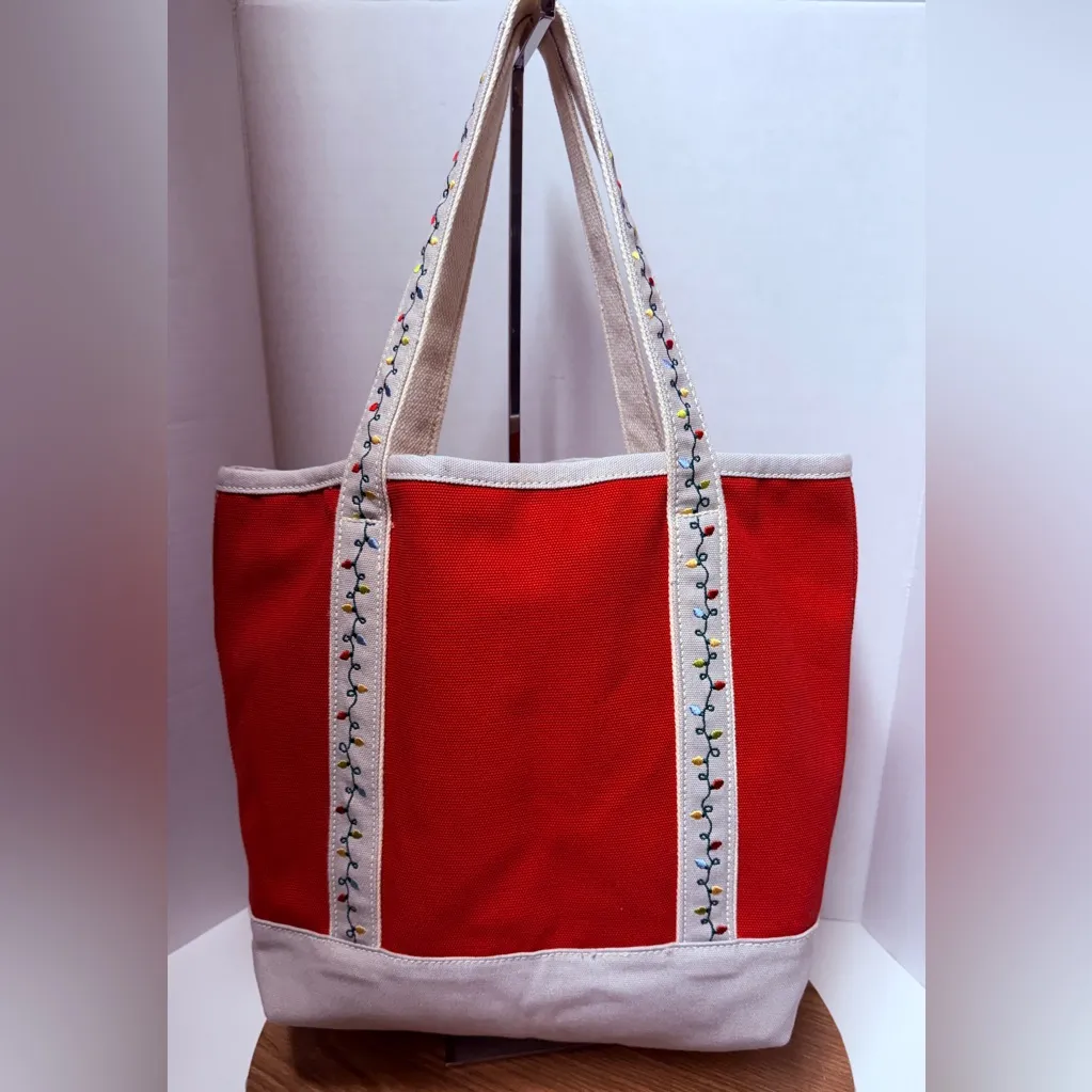 Lands’ End Large Red/Tan Cotton Canvas Christmas Lights Tote Bag - Image 4