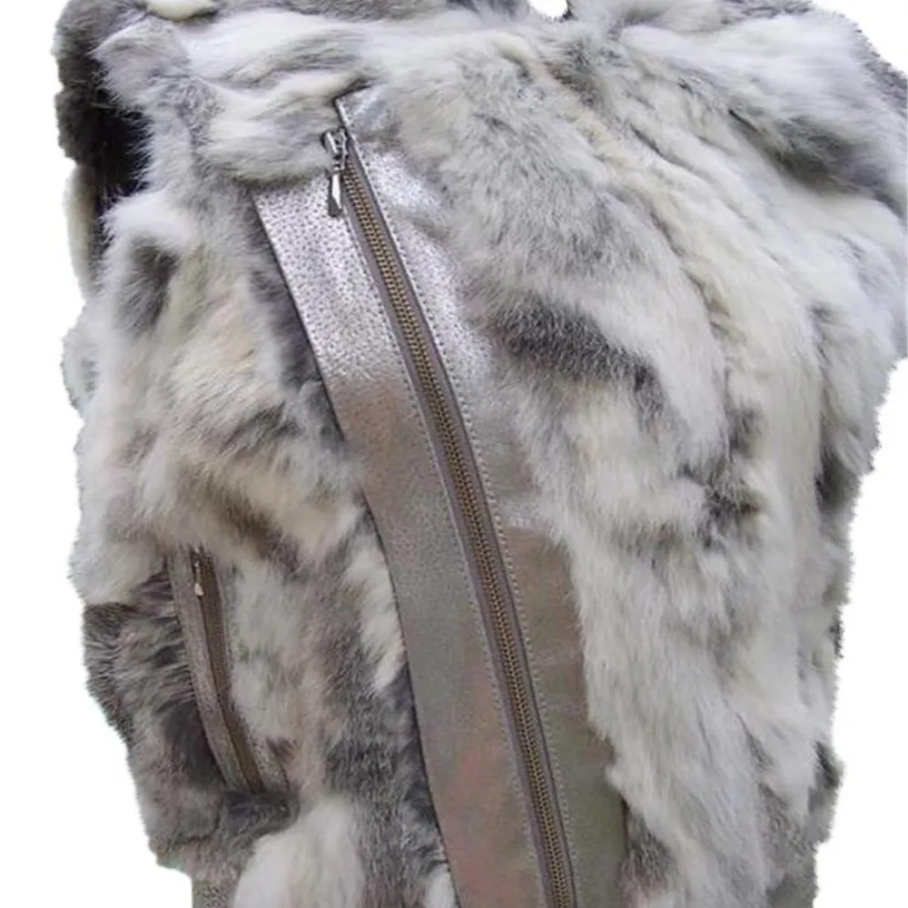 Cache Metallic Leather Fur Vest Diagonal Zipper Lined $278 NWT New Gray White - Image 3