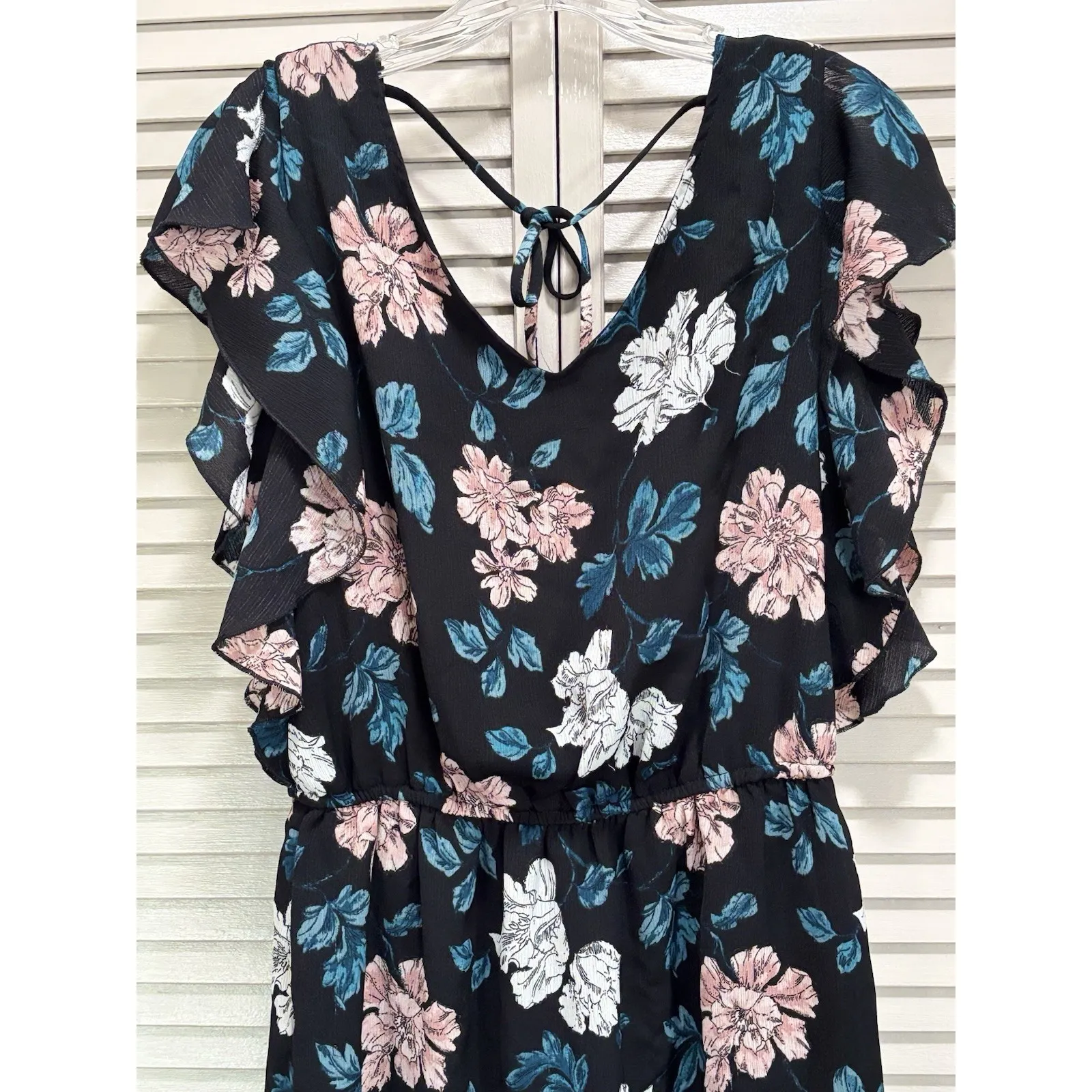 Merona Floral Black/Pink Elastic Waist Tie Back Chiffon‎ Lined Midi Dress Size M - Image 2