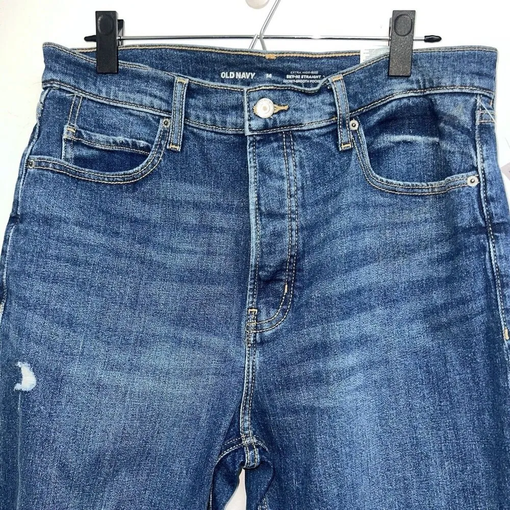 Old Navy Blue Jeans Womens Size 14 Sky Hi Straight Denim Button Fly Distressed - Image 2