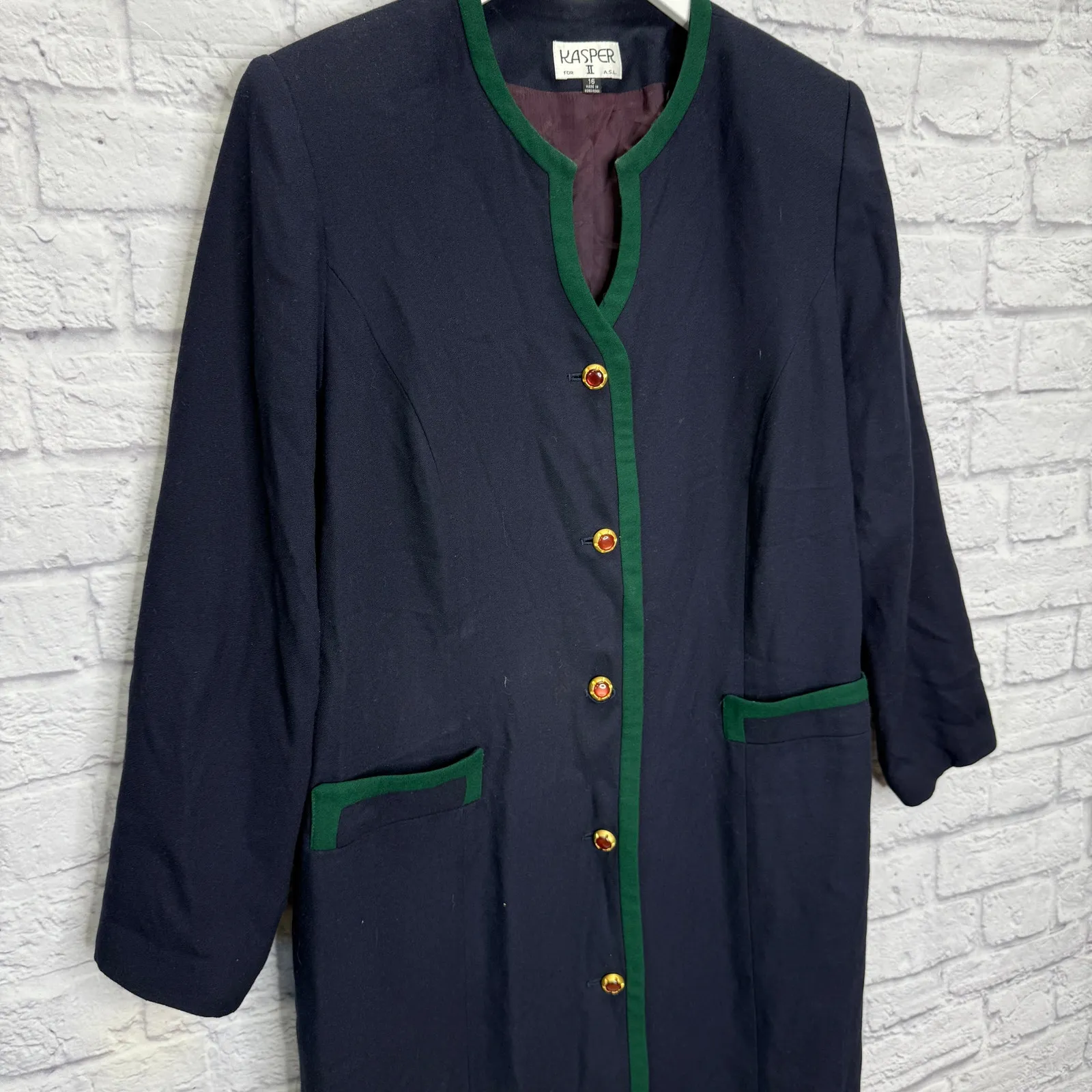 Kasper ASL Womens Navy Blue Shirt Dress Blazer Size 16 Lined Button Front Green - Image 3