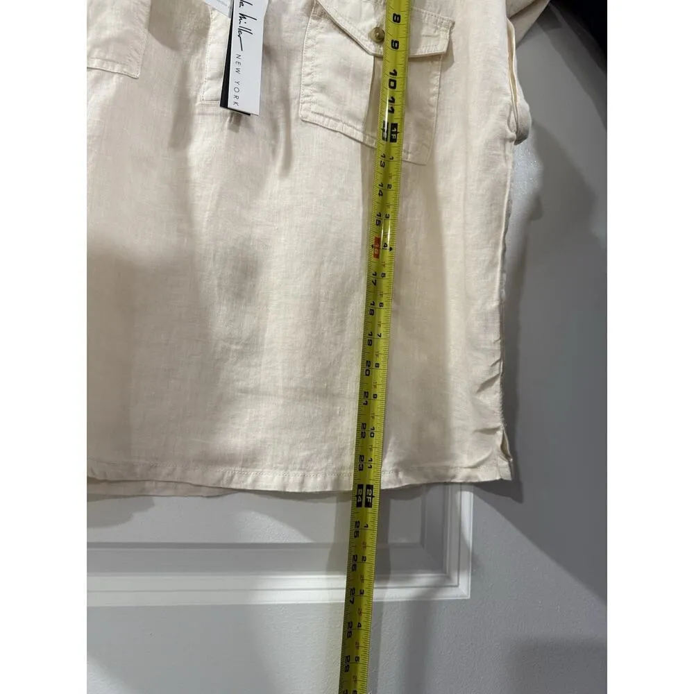 Nicole Miller Linen Top XL Beige Button Down Boho Lagenlook Short Sleeve NWT - Image 9