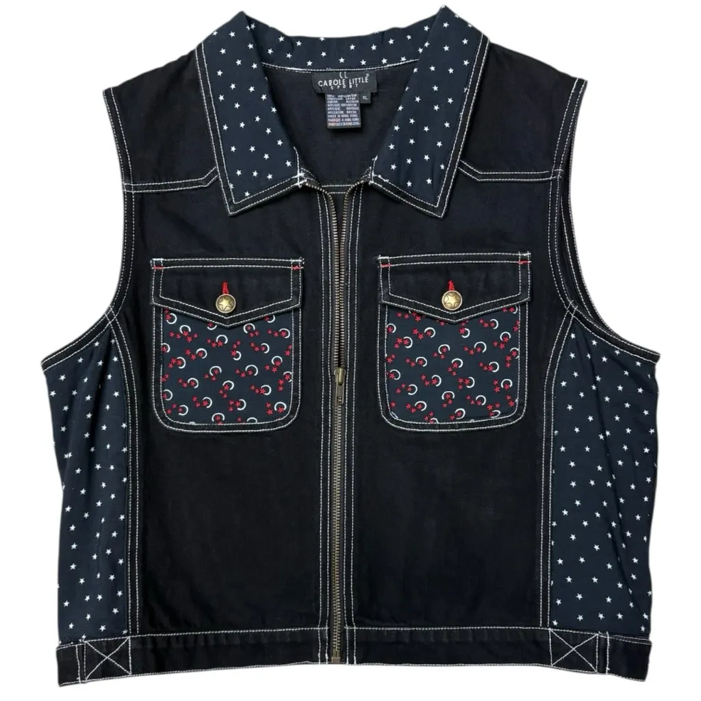 Carole Little Sport Black Zip Vest XL Star Moon Western Denim Style Vintage - Image 12
