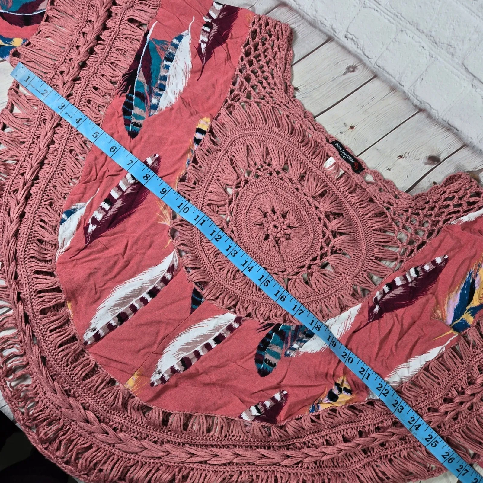 Vivid Importers Boho Feather Crochet Fringe Tunic Top Blouse Rose S Pink - Image 7
