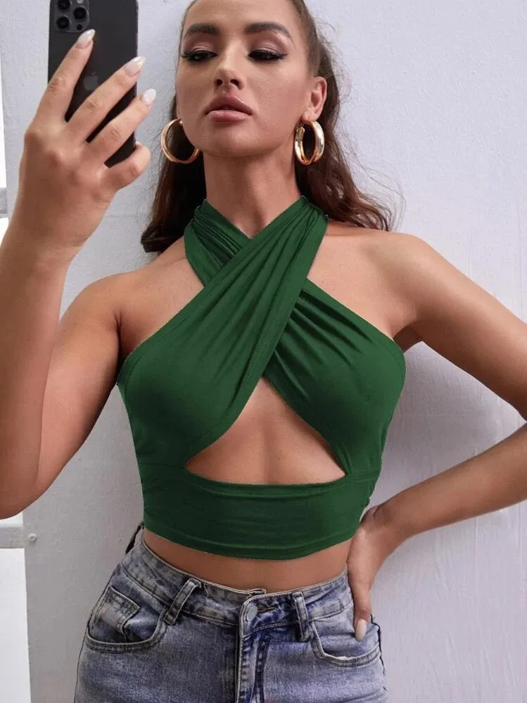 Solid Cross Cross Cut Out Halter Top - Image 2