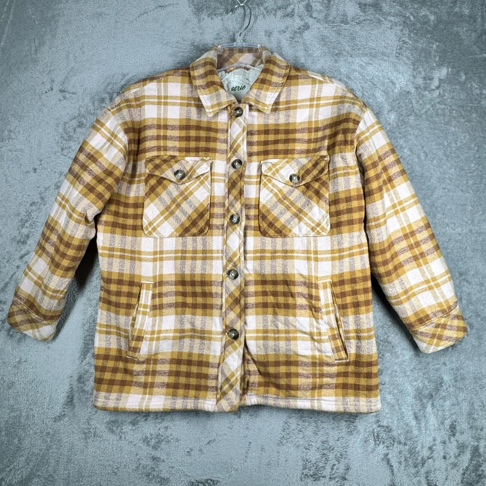 Aerie  Plaid Shacket Womens Small Brown Tan White Flannel Oversized Fall Layering - Image 3