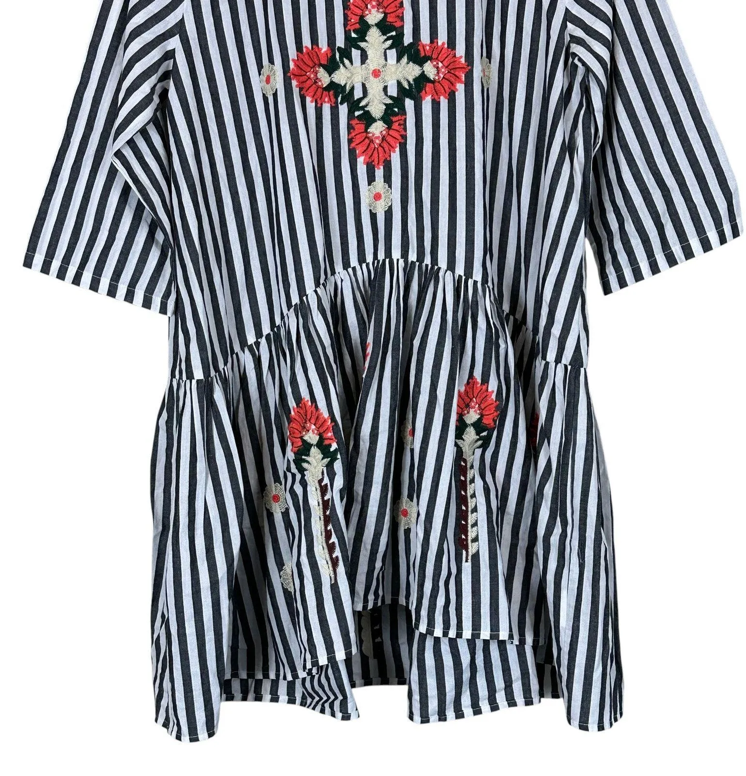 Stevie Hender Dress Womens M White Gray Striped Cotton Embroidered Cottagecore - Image 3