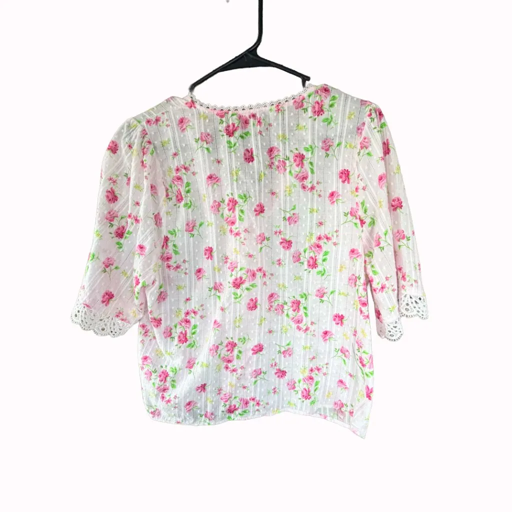 Nanette Lepore Pink Rose Floral Peasant Blouse Crochet Lace Cottagecore Boho Siz - Image 6