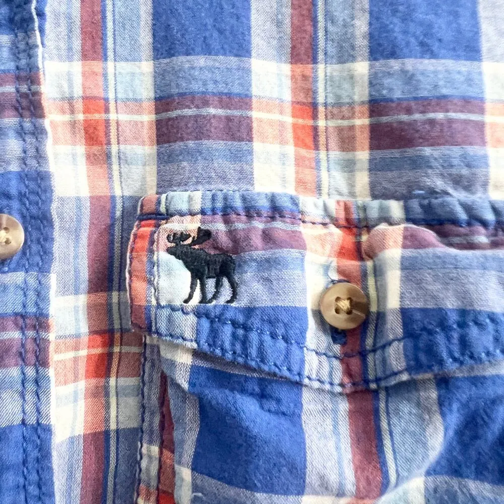 Abercrombie & Fitch SMALL Blue Plaid Relaxed Fit Button Up Shirt Long Sleeve - Image 5