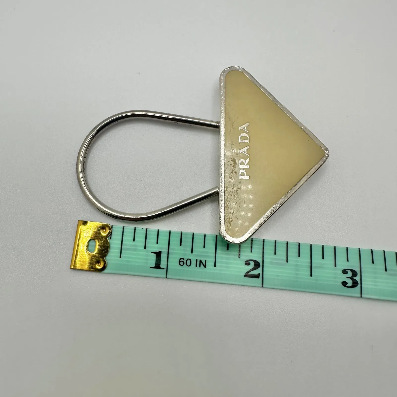 Authentic Prada Triangle Logo Key Ring Keychain Yellow Enamel Silver Tone - Image 11