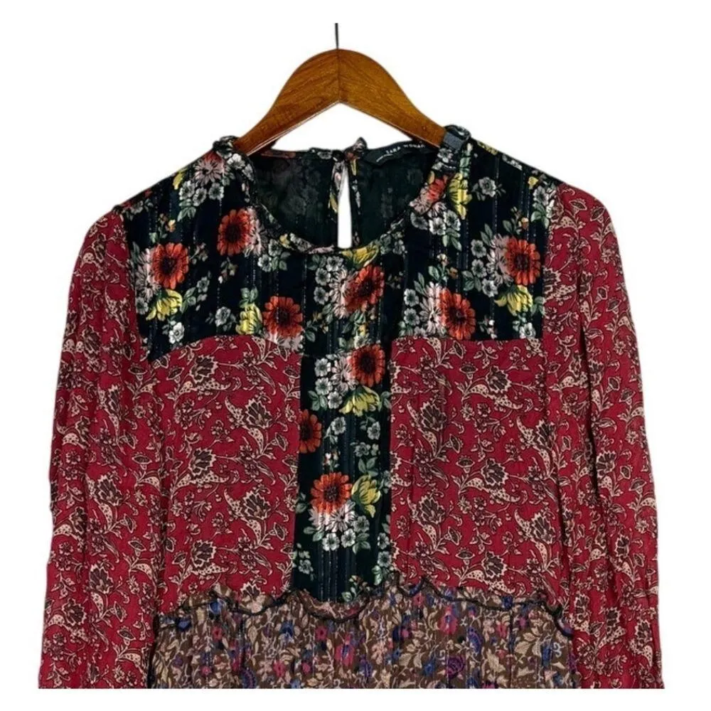 Zara Floral Patchwork Tiered Pompom Semi Sheer Peasant Mini Dress M Black Red - Image 3