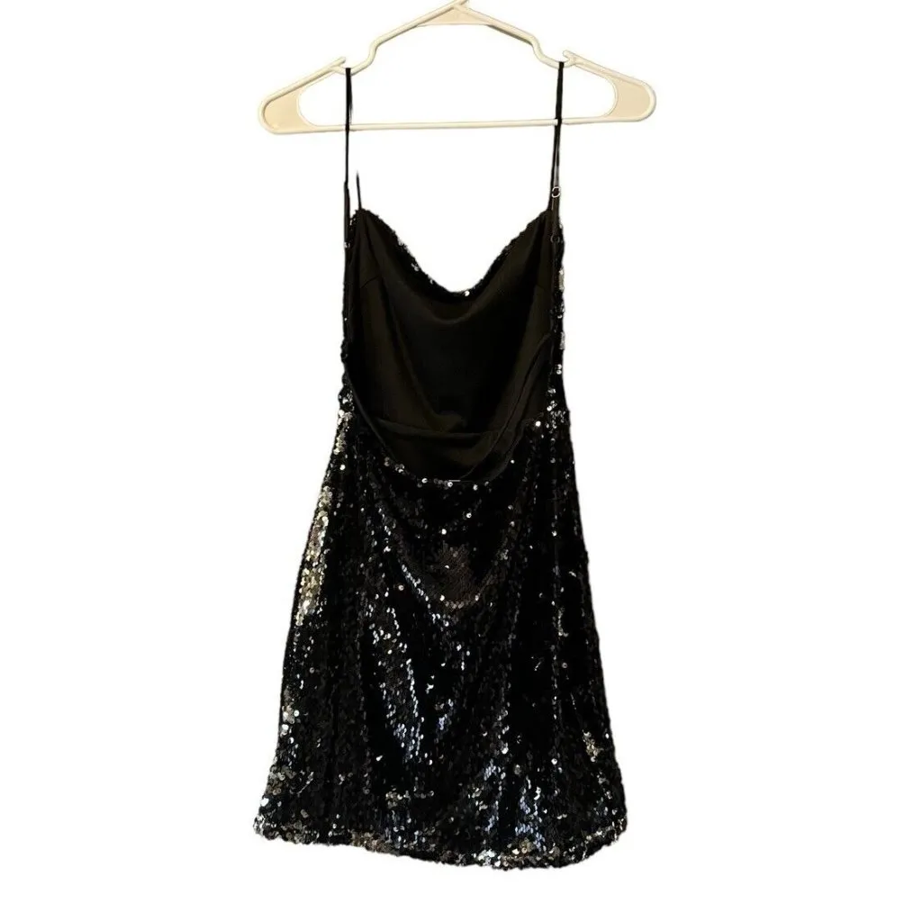 Lucy in‎ the Sky Black Sequin Mini Dress Open Tie Back Size Small Party Preppy - Image 2