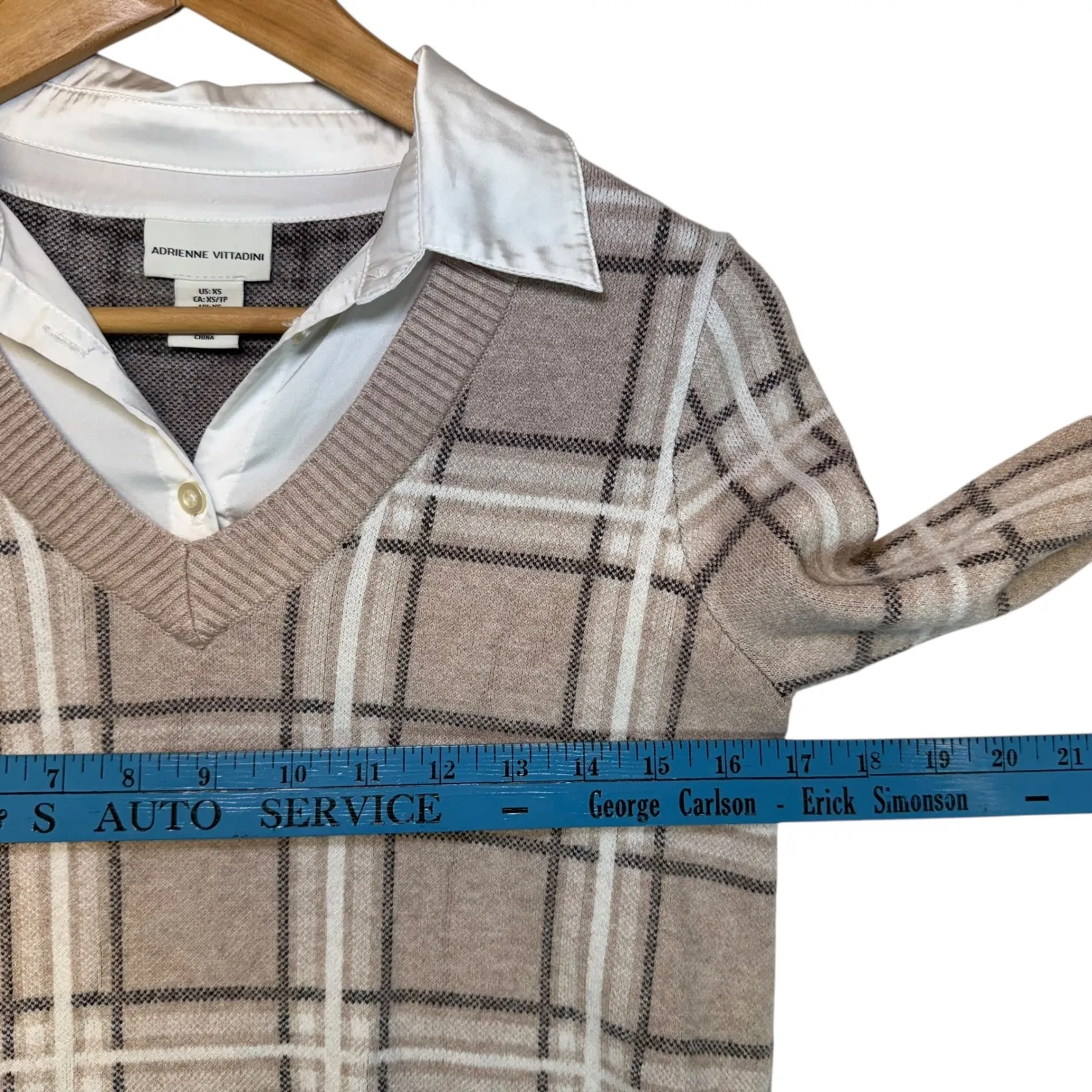 Y2K Plaid V Neck Sweater with White Button Down Shirt Layer 90s Preppy Girly XS - Image 5
