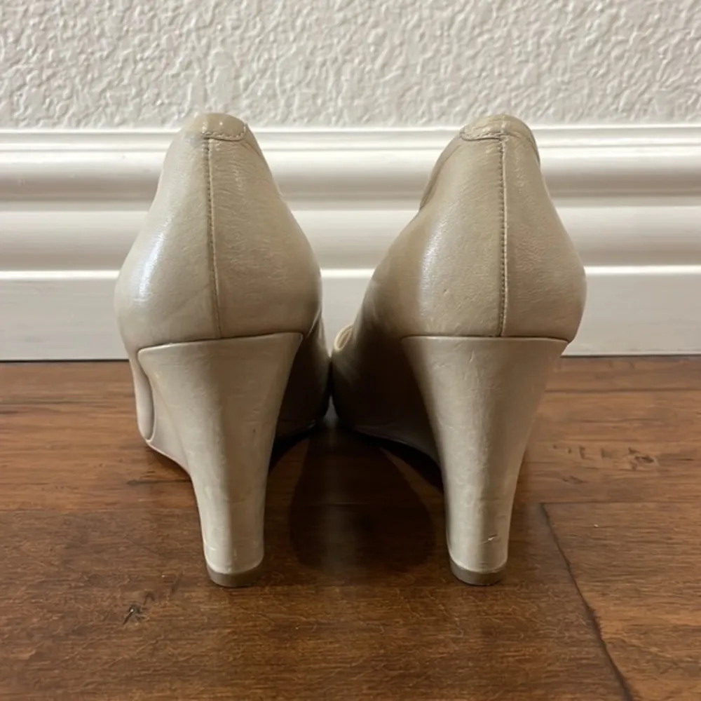 Coach Kellen Taupe Leather Peep Toe Wedge Heels - Image 2
