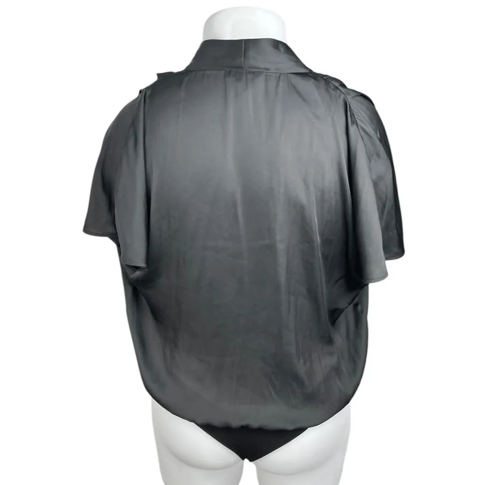 Paige Dijon Women's Black Short Futter Sleeve V Neck Wrap Bodysuit Blouse Top L - Image 2