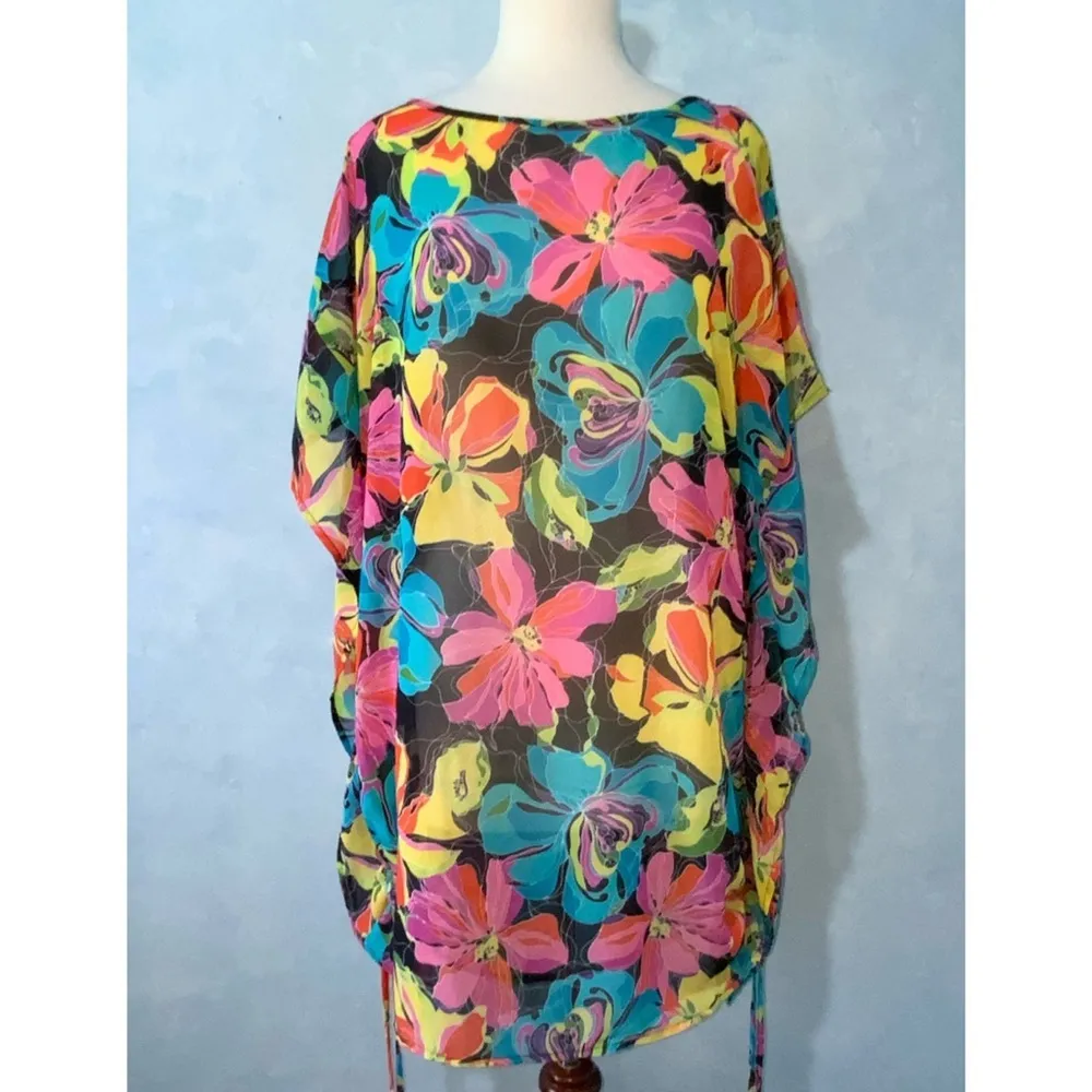 Vertigo Semi-Sheer Vibrant Floral Drawstring Cinched Sides Top Or Swim Cover XL - Image 3