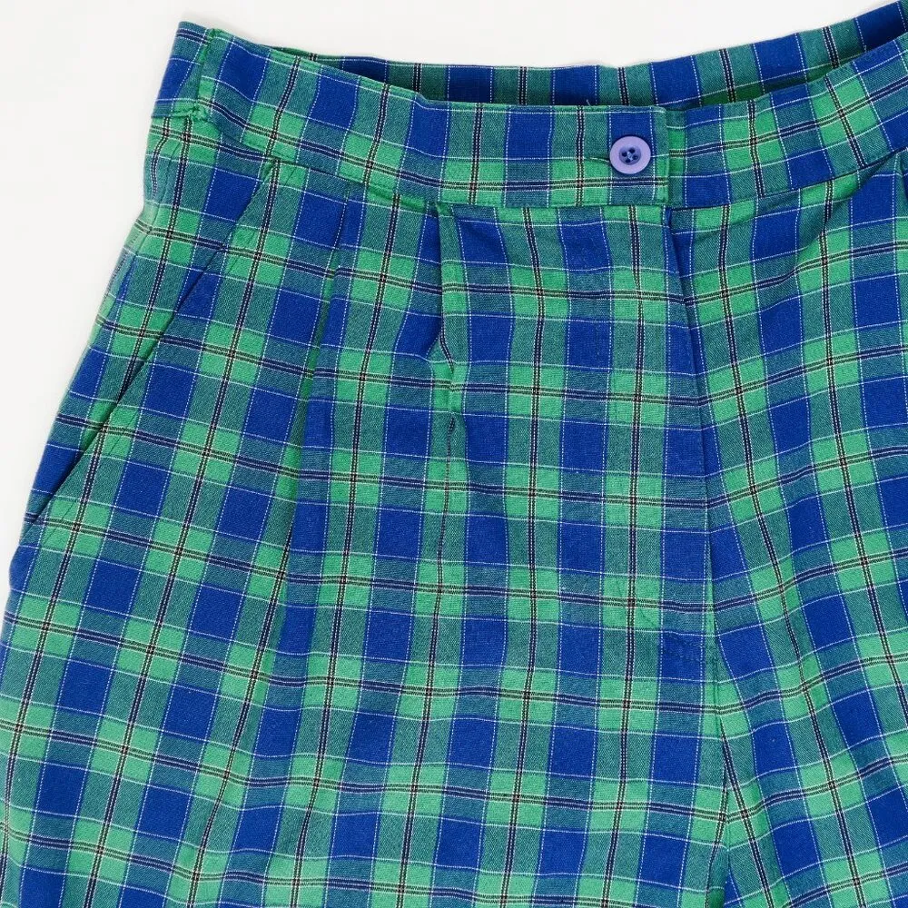 Vintage High Waisted Blue Green Plaid Shorts Size 27 - Image 6