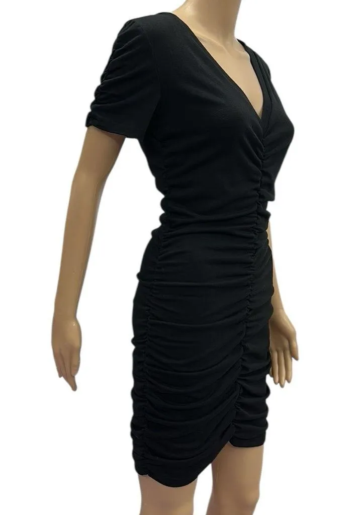 Aooksmery Black V Neck Cami Ruched Short Sleeve Formfit Mini Dress Womens Small - Image 4