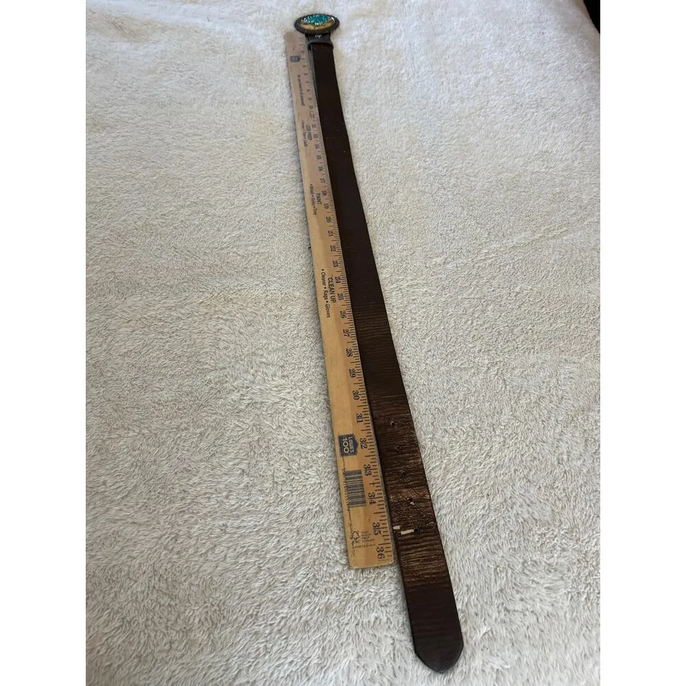 Brown Leather Belt Medium Cross Buckled Jeweled Bronze Tone Y2K - Image 9