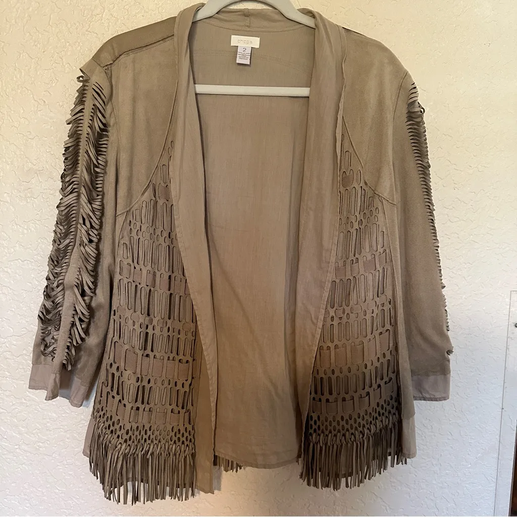 Chicos Faux Suede Fringe Open‎ Work Jacket Top Taupe Size 2 (L-10-12) - Image 3