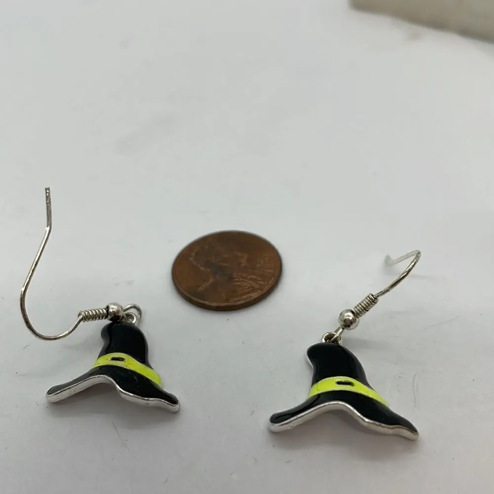 Witch Hat Enamel Halloween Earrings Black Yellow Silver Gray - Image 9