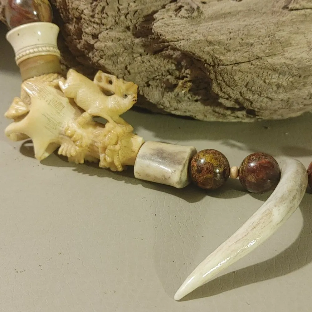 Antique Agate Bead Necklace Carved Antler Pendant Deer Elk Artisan Craft Rustic Size 18 - Image 4