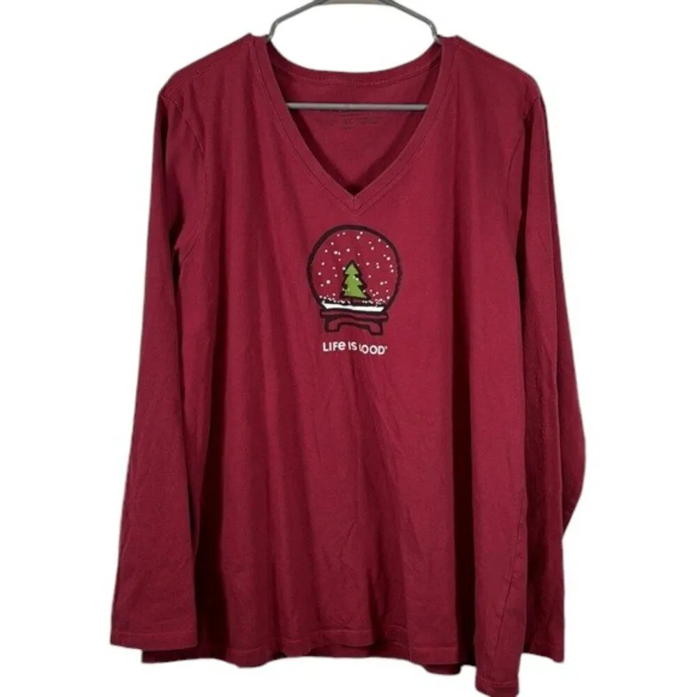 Life is Good Snow Globe Holiday Christmas V-Neck L/S Shirt Size XL EUC #0019 - Image 2