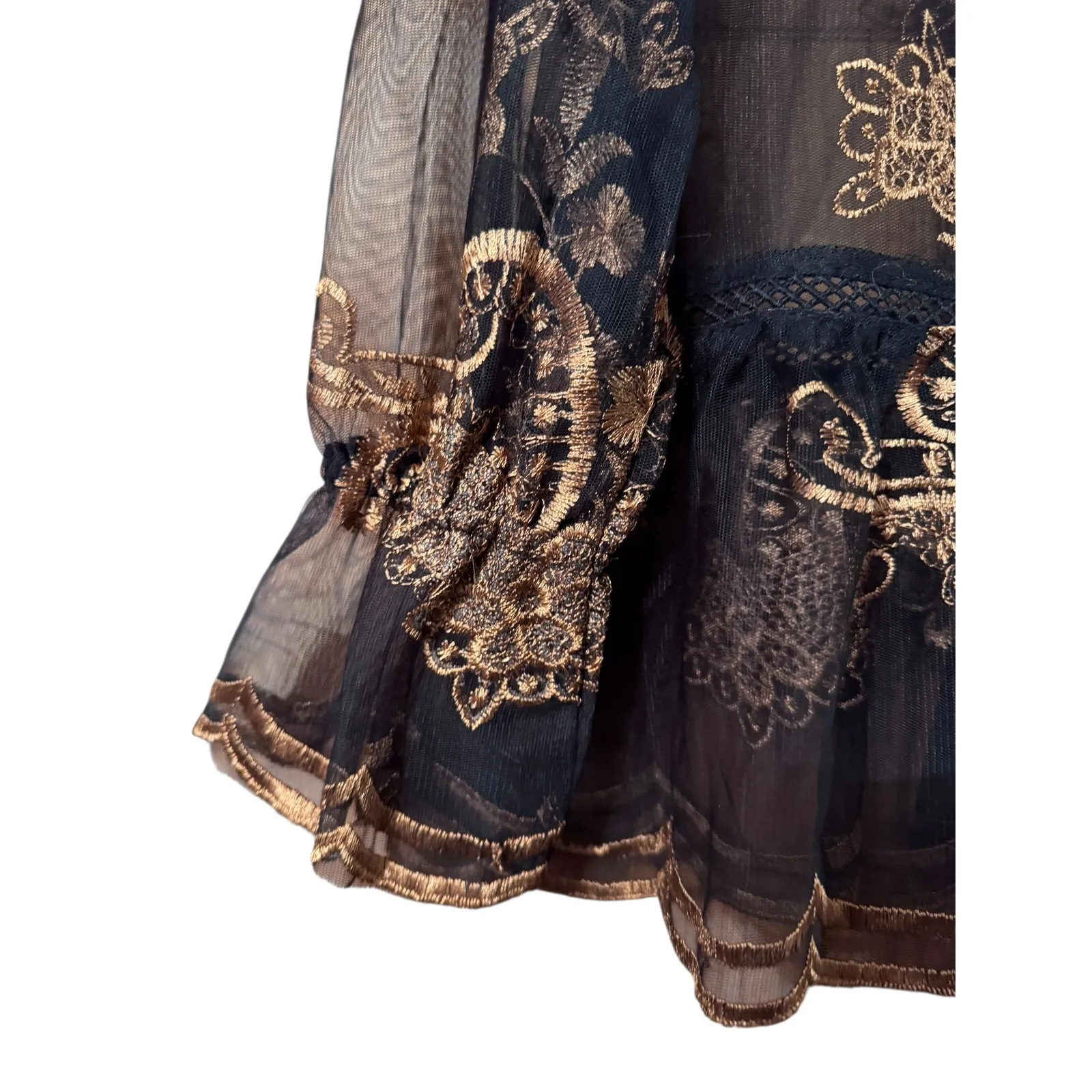 Black Sheer Lace Trimmed Peplum Top Gold Floral Embroidery Long Sleeve Size XL - Image 3