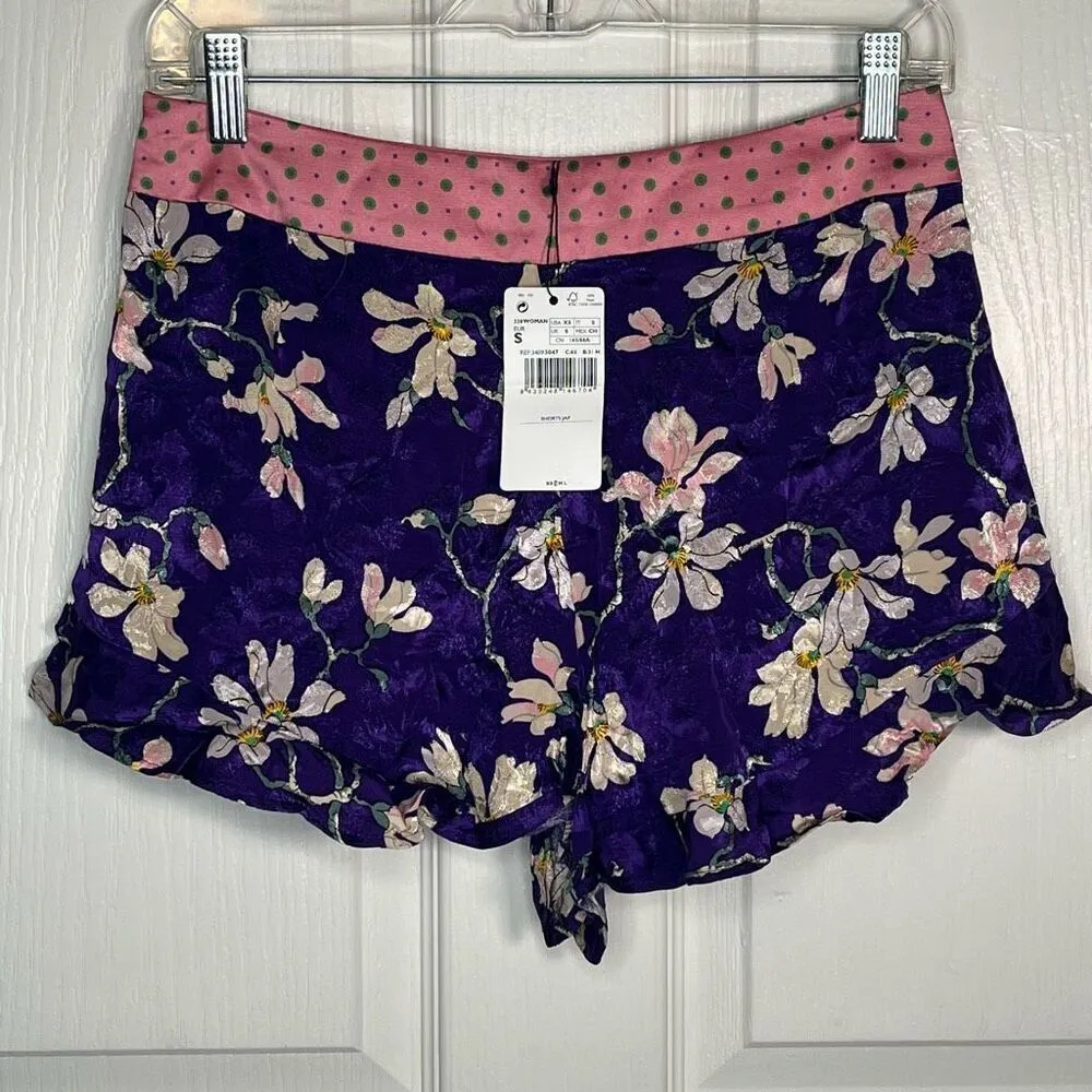 Mango MNG Purple Floral Shorts Sz XS Ruffle Hem High Waist NWT - Image 9