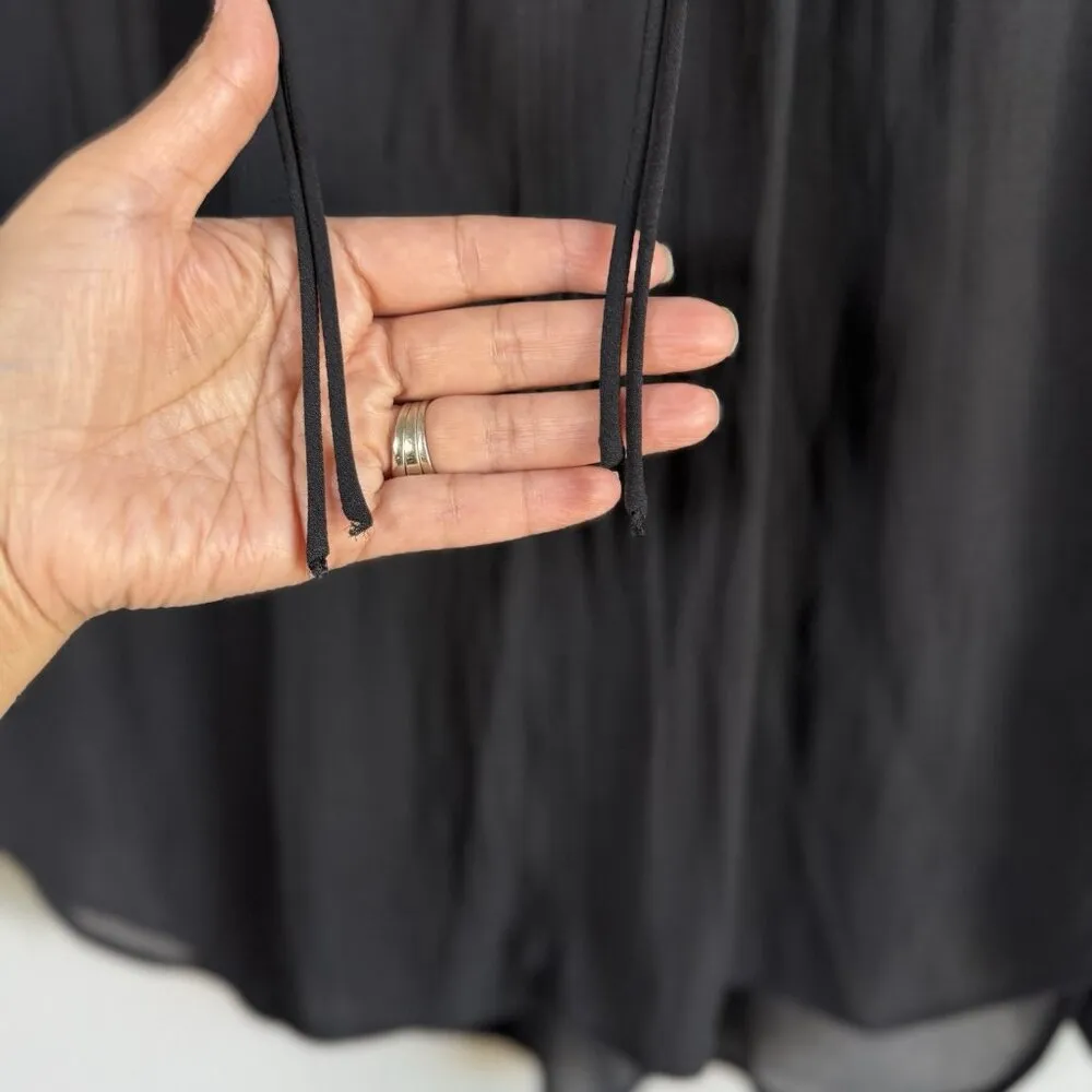 Loft Women's Small Sheer Long Sleeve Smocked‎ Tie Neck Blouse Black Casual - Image 8