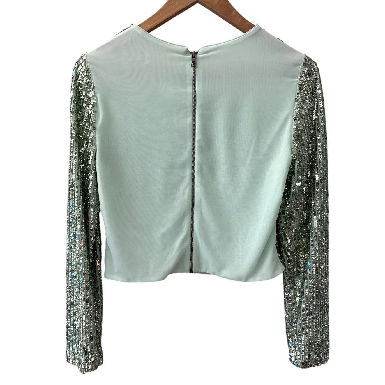 ALICE + OLIVIA Delaina Long Sleeve Sea Green Sequin Crop Top Size Large - Image 9