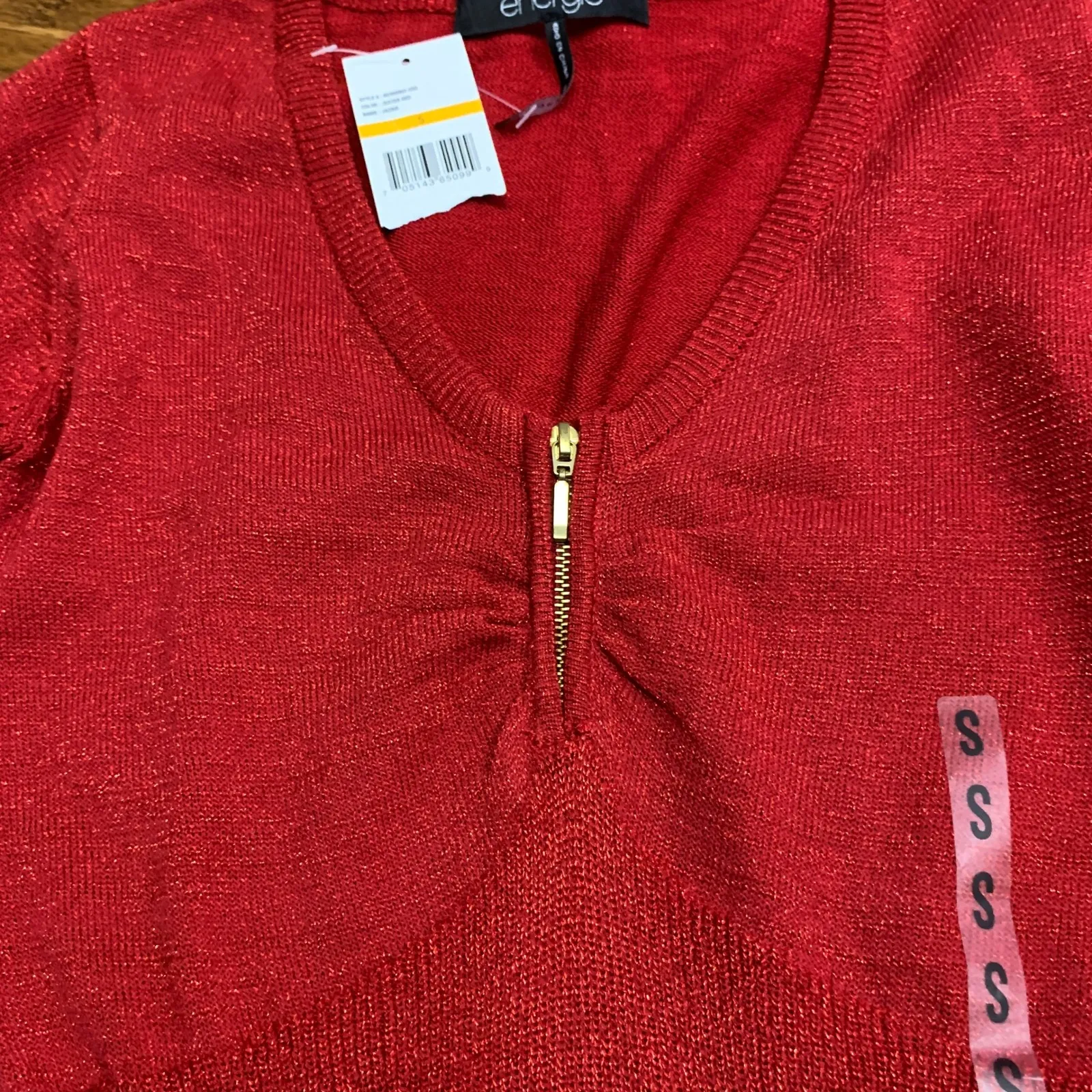 Energie Red Metallic Knit Top Womens Small V-Neck Long Sleeve Pullover Sweater - Image 3