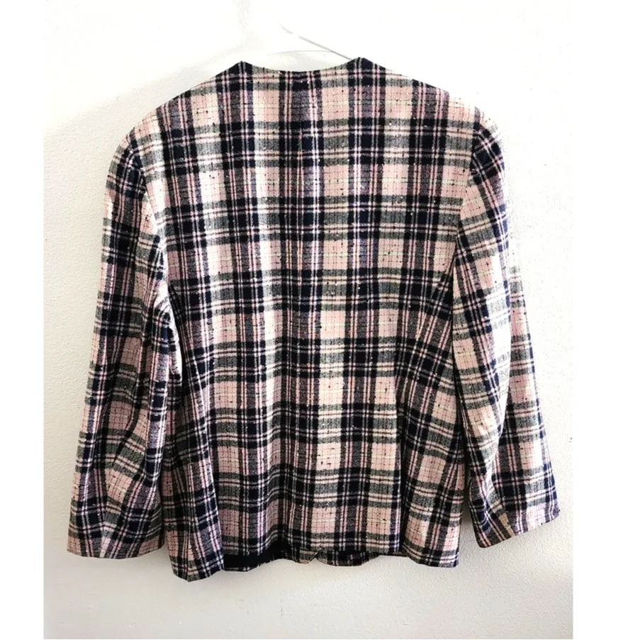Vintage Pendleton Plaid Wool Blend Blazer Jacket Pink Blue Plus 16 - Image 3