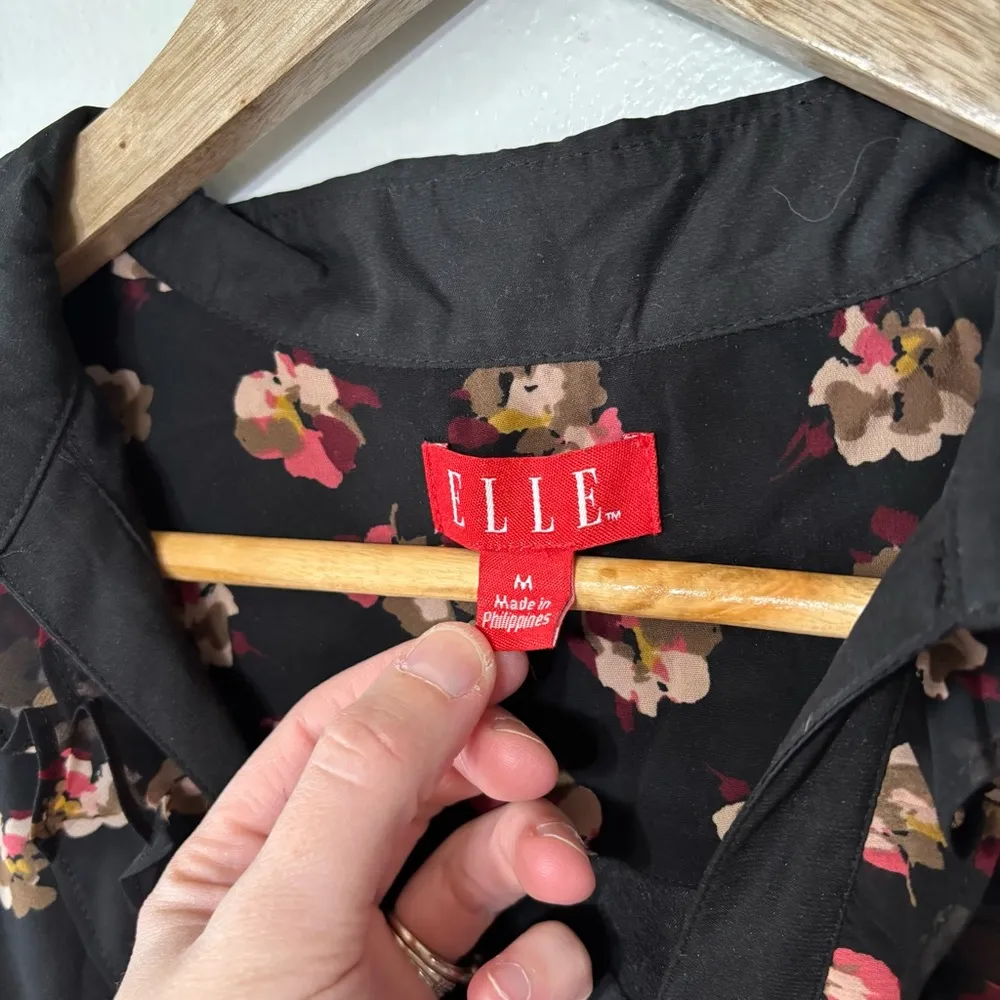 Elle Black Floral Print Lined Button Down Shirt Dress Size M - Image 3