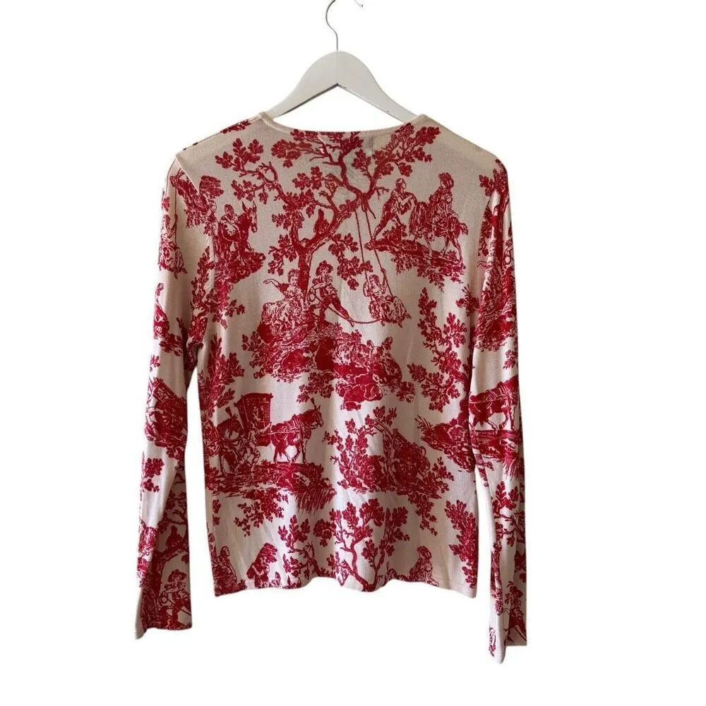 August Silk Knit Button Down Lightweight Red Cream Casual Luxury Cardigan  SZ L - Image 5