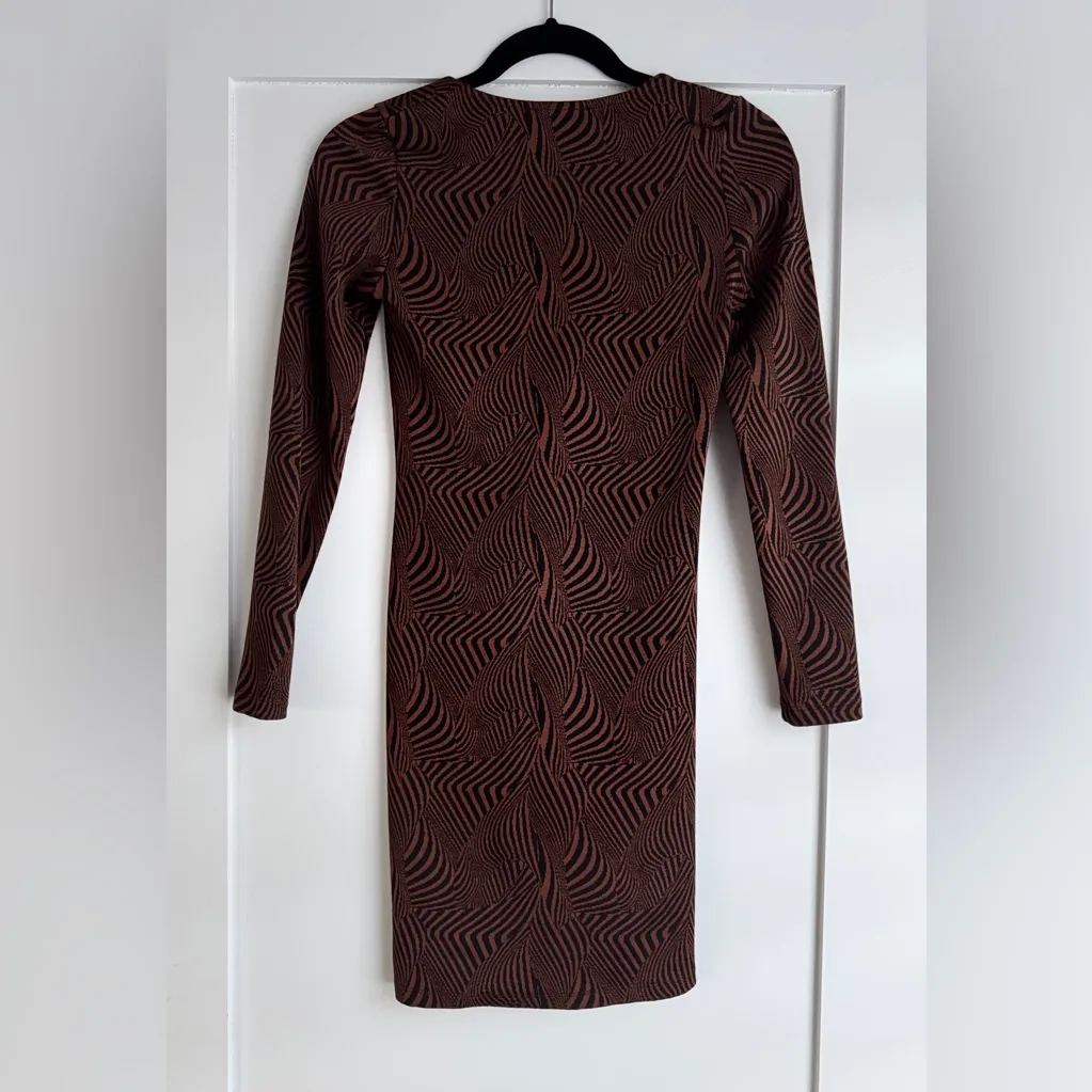Zara Black Brown Psychedelic Bodycon Mini Dress Keyhole Tie Bust Medium - Image 6