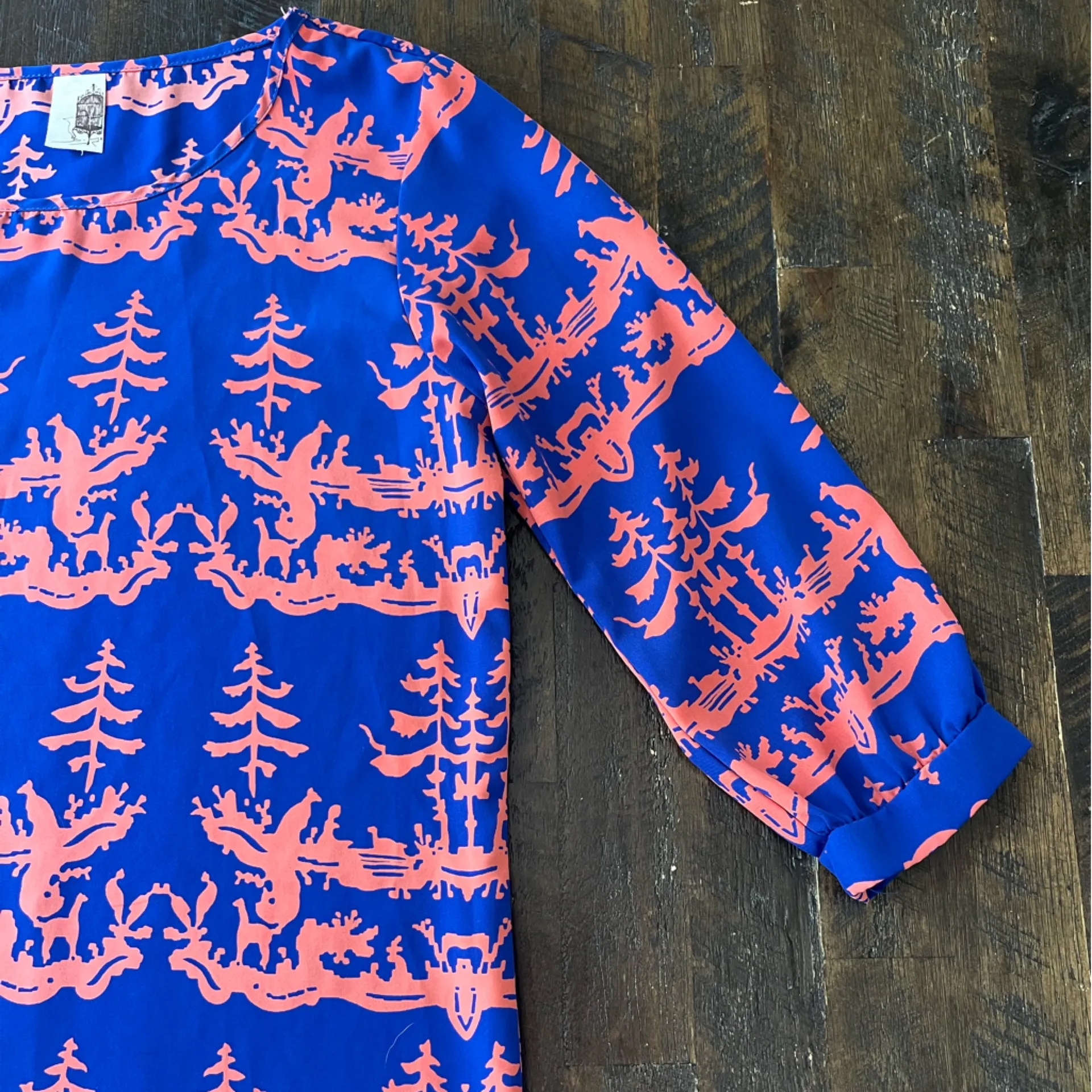 FRANCESCA’S Mini Shift Dress Abstract Trees Blue Pink Women’s Small - Image 11