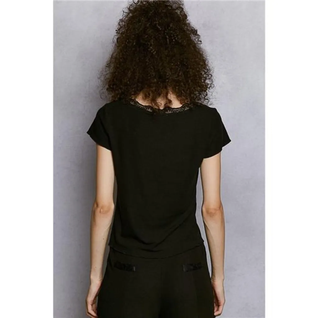 POL Round Neck Short Sleeve Crop T-Shirt with Lace Trim - Small - Image 4